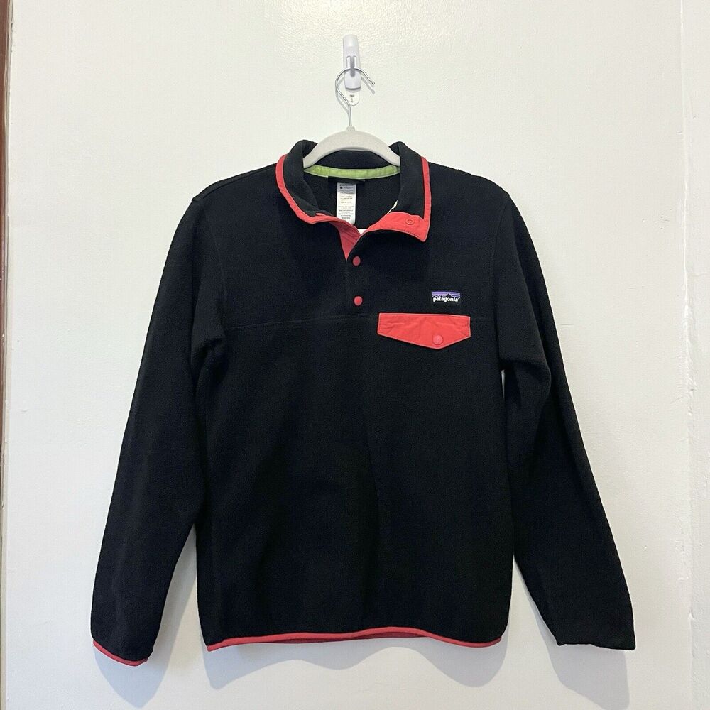 1990s Patagonia Vintage Y2K Synchilla Snap T Fleece Pullover Jumper Black Red M